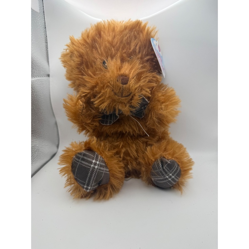Fuzzy Friends Brown Shaggy Teddy Bear Plush Plaid Bow Tie Paw Pads Greenbrier